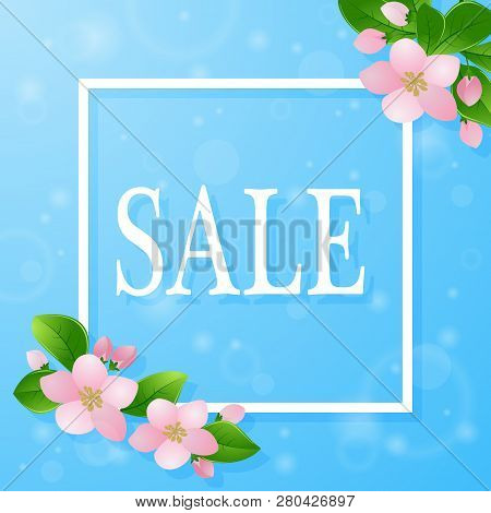 Spring Sale Day! Vector Lettering Illustration With Flowers On Blue Background. Lossoming Cherry/app