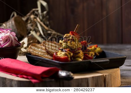 Traditional Dinner In A Country House. Meat With Vegetables And Bread. Hearty And Tasty Dish.menu Ba