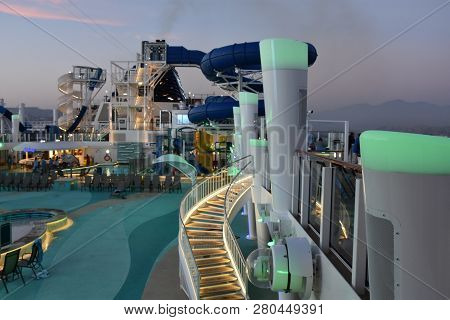 Ensenada, Mexico - Oct 25: Pool Deck On The Norwegian Bliss Cruise Ship, Docked In Ensenada, Mexico,