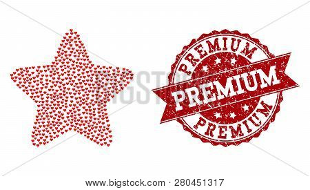 Mosaic Red Star Designed With Red Love Hearts, And Isolated Grunge Watermark. Composition For Valent