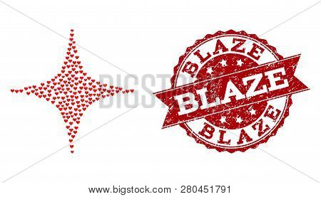 Collage Space Star Composed With Red Love Hearts, And Isolated Rubber Watermark. Composition For Val