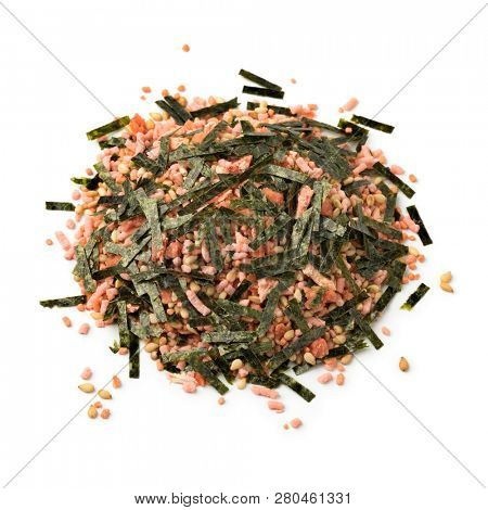 Heap of Japanese furikake, seasoning meant to be sprinkled on top of cooked rice isolated on white background