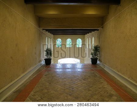 Anyer, Indonesia - June 26, 2018: The Hallway Of Marbella Anyer Hotel.
