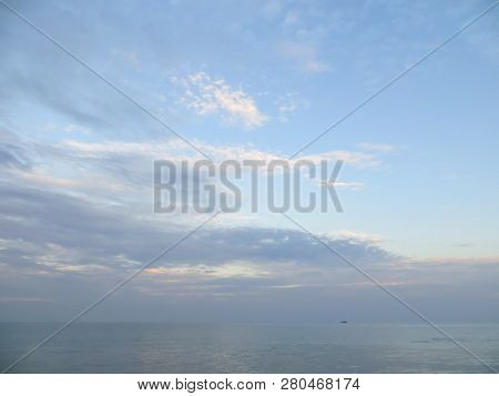 Anyer, Indonesia - June 27, 2018:  The Calm Sea Of Sunda Strait With Clear Blue Sky.