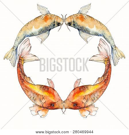 Watercolor Aquatic Underwater Tropical Fish Set. Red Sea And Exotic Fishes Inside: Goldfish. Frame B