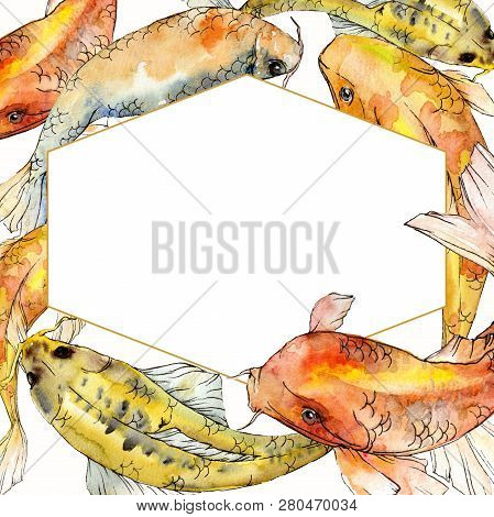 Watercolor Aquatic Underwater Tropical Fish Set. Red Sea And Exotic Fishes Inside: Goldfish. Frame B