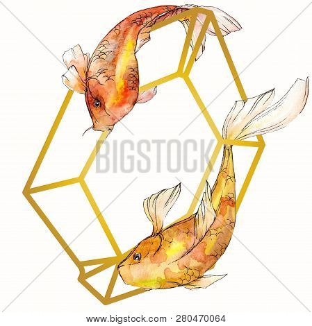 Watercolor Aquatic Underwater Tropical Fish Set. Red Sea And Exotic Fishes Inside: Goldfish. Frame B