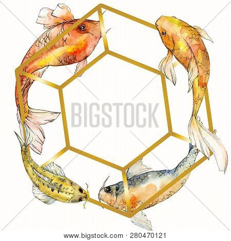 Watercolor Aquatic Underwater Tropical Fish Set. Red Sea And Exotic Fishes Inside: Goldfish. Frame B