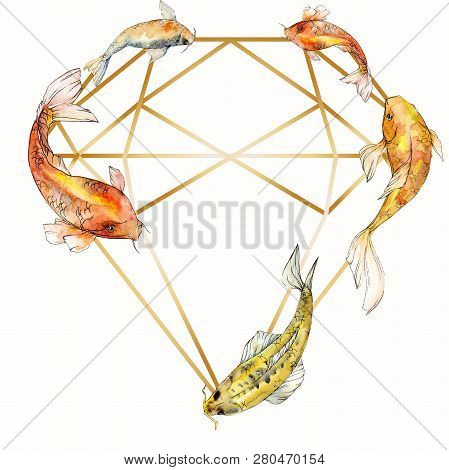 Watercolor Aquatic Underwater Tropical Fish Set. Red Sea And Exotic Fishes Inside: Goldfish. Frame B