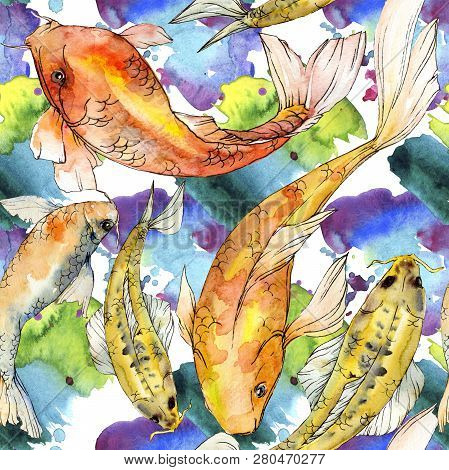 Watercolor Aquatic Underwater Colorful Tropical Fish Set. Red Sea And Exotic Fishes Inside: Golden F