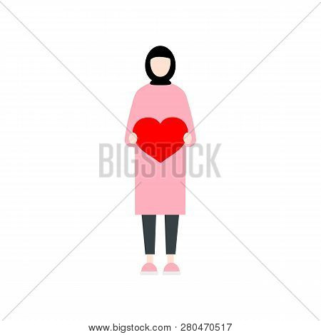 Saint Valentines Day. Young Muslim Character Holding A Red Heart. In Love. Flat Editable Vector Clip