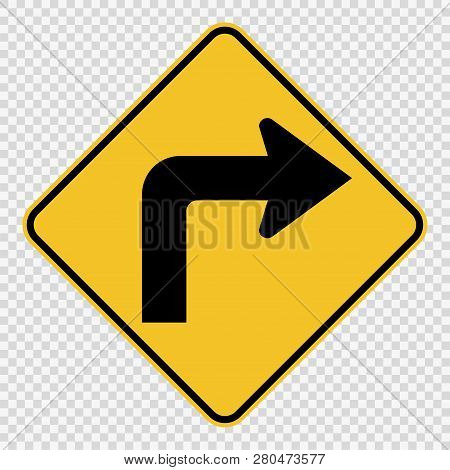 Right Turn Ahead Traffic Sign On Transparent Background