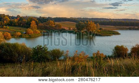 Village Located By The Lake, Panorama.drawsko Lake District,poland