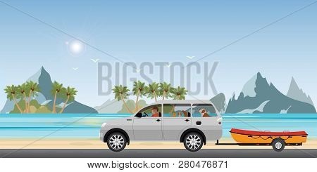 Boat Towing Car On Road Running Along The Sea Coast, Boat On A Trailer, Banner On The Theme Of Fishi