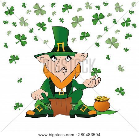 Vector leprechaun on stump with a pot of gold coins under the falling shamrocks. Happy St. Patricks Day celebration.