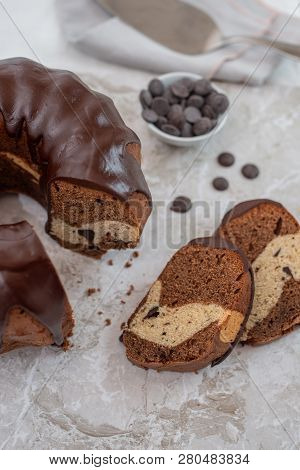Traditional Home Made Chocolate Gugelhupf Cake On A Table