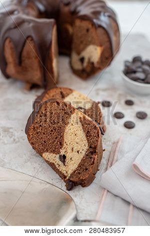Traditional Home Made Chocolate Gugelhupf Cake On A Table