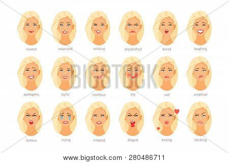 Set Of Female Character With Different Emotions And Feelings. Vector Illustration