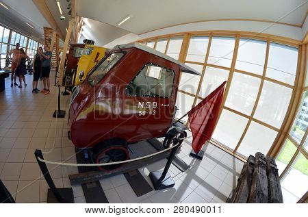 Flam railway museum.Station old Flam Railway. The Flamsbana is a 20.2-kilometer long railway line between Myrdal and Flam in Aurland, June 17,2018. Flam, Norway, Scandinavia.