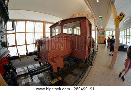 Flam railway museum.Station old Flam Railway. The Flamsbana is a 20.2-kilometer long railway line between Myrdal and Flam in Aurland, June 17,2018. Flam, Norway, Scandinavia.