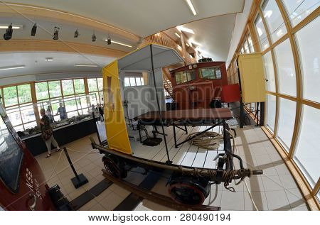 Flam railway museum.Station old Flam Railway. The Flamsbana is a 20.2-kilometer long railway line between Myrdal and Flam in Aurland, June 17,2018. Flam, Norway, Scandinavia.