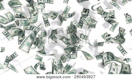 Hundred Dollar Banknotes Fall On Graund On White Background