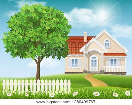 House On A Hill And Tree Spring Country Landscape. Grass And Tree On The Foreground.