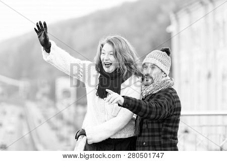 Couple Wag To Air. Attractive Woman Wag From The Bridge. Happy Lady With Guy Welcomes To Friends. Ma