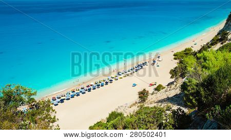 Egremni Beach, Lefkada Island, Greece. Large And Long Beach With Turquoise Water On The Island Of Le