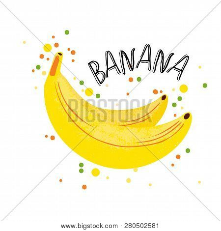 Vector Hand Draw Banana Illustration. Yellow Ripe Bananas With Juice Splash Isolated On White Backgr