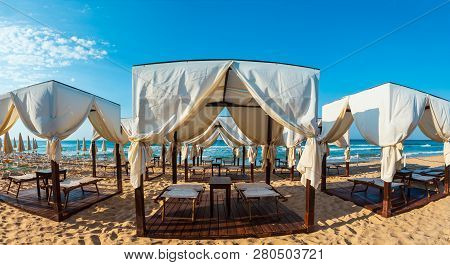 Luxury Beach Tents Canopies On Morning Paradise White Sandy Beach The Maldives Of Salento (pescoluse