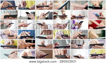 Close-up Of Hands Holding Smartphone, Typing Text On Touch Screen And Using Applications. A Person T