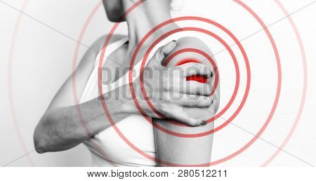 Acute Shoulder Pain. Hand Touch The Painful Point. Pain Area Highlighted In Red. Healthcare And Medi