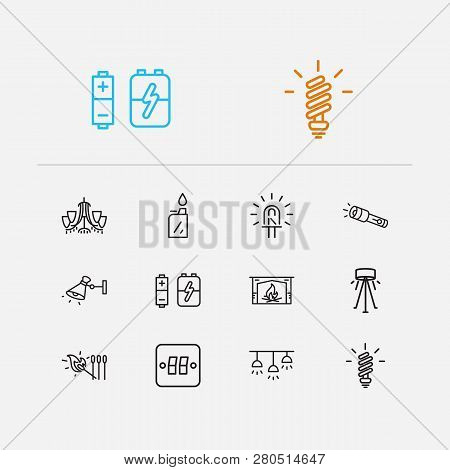 Lightning Icons Set. Match And Lightning Icons With Led Light, Light Switcher And Floor Lamp. Set Of