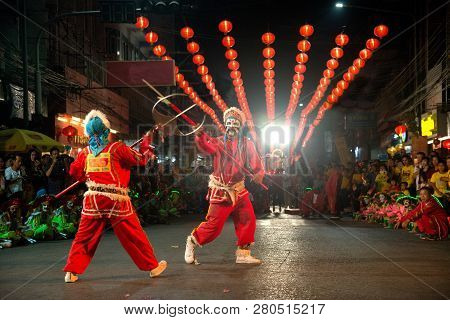 Nakorn Sawan , Thailand - February 18, 2018 : Group Of Unidentified Fighting Of Warriors ( Aung-gor 