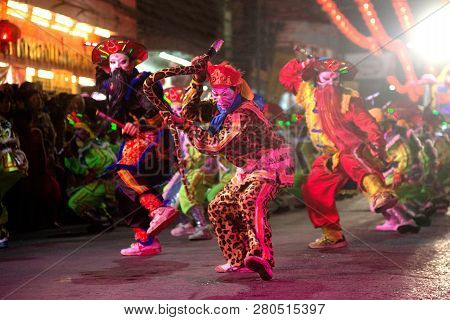Nakorn Sawan , Thailand - February 18, 2018 : Group Of Unidentified Fighting Of Warriors ( Aung-gor 