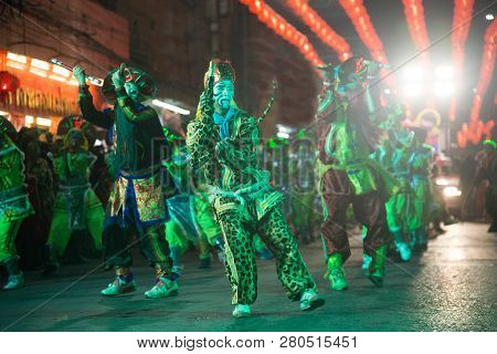 Nakorn Sawan , Thailand - February 18, 2018 : Group Of Unidentified Fighting Of Warriors ( Aung-gor 
