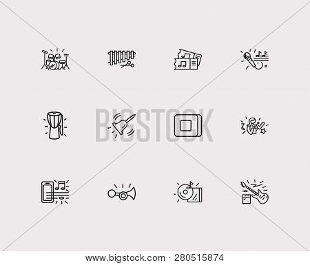Melody Icons Set. Cd And Melody Icons With Claxon, Stop Button And Djembe. Set Of Alarm For Web App 