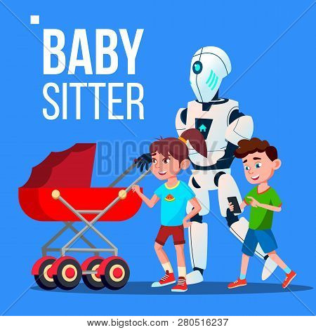 Baby Sitter Robot Going With Baby Carriage Vector. Isolated Illustration