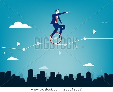 Businessman Balancing On Unicycle And Drive Through Business Chart. Concept Business Success Illustr