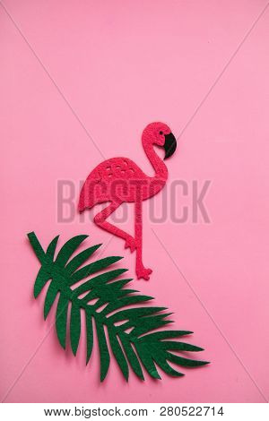Flamingo And Fern Leaf On A Pink Background In Minimal Style. Summer Minimal Design.