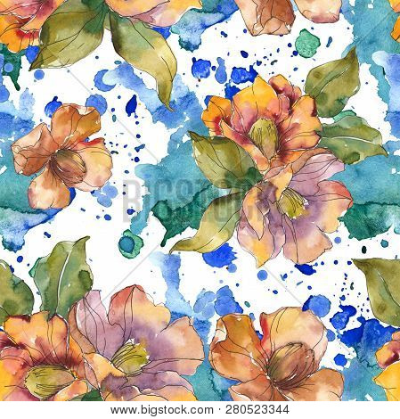 Red And Orange Camelia Foral Botanical Flower. Watercolor Background Illustration Set. Seamless Back