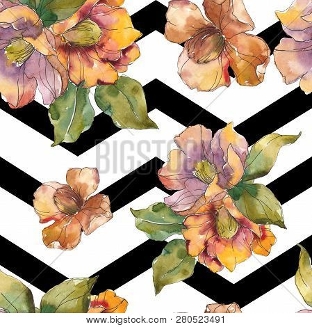 Red And Orange Camelia Foral Botanical Flower. Watercolor Background Illustration Set. Seamless Back