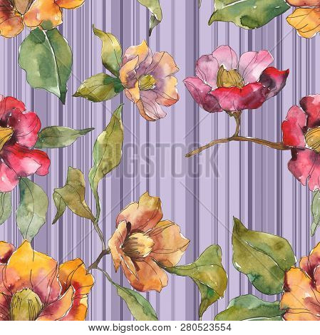 Red And Orange Camelia Foral Botanical Flower. Watercolor Background Illustration Set. Seamless Back