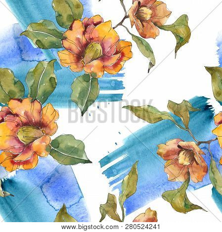 Red And Orange Camelia Foral Botanical Flower. Watercolor Background Illustration Set. Seamless Back