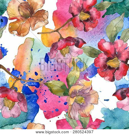 Red And Orange Camelia Foral Botanical Flower. Watercolor Background Illustration Set. Seamless Back