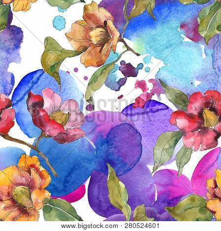 Red And Orange Camelia Foral Botanical Flower. Watercolor Background Illustration Set. Seamless Back
