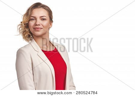 Stylish Positive Woman Wearing Jacket Looking At Camera Smilin