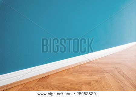 Primed  Wall Blue Painted And Wooden Parquet Floor - Renovation Background