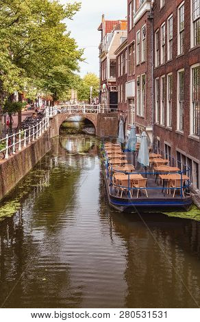 Floating Terrace In The Canal At The Wijnhaven In Delft In The Netherlands